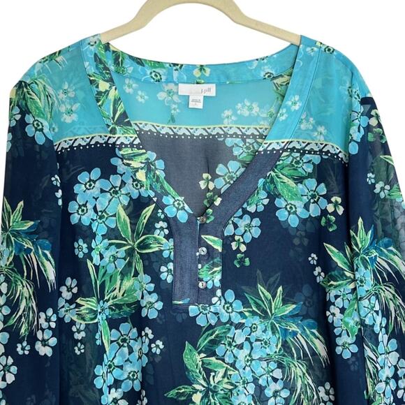 J. Jill Blue Green Floral Tunic Top Sheer V-Neck Blouse Size L Chiffon 3Q Sleeve - Picture 2 of 6